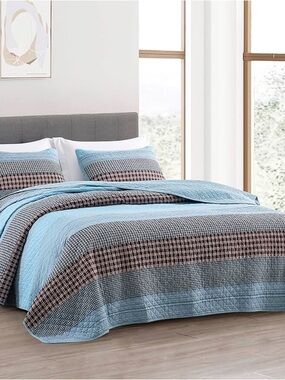 Blue 100% cotton king 3 piece quilt set